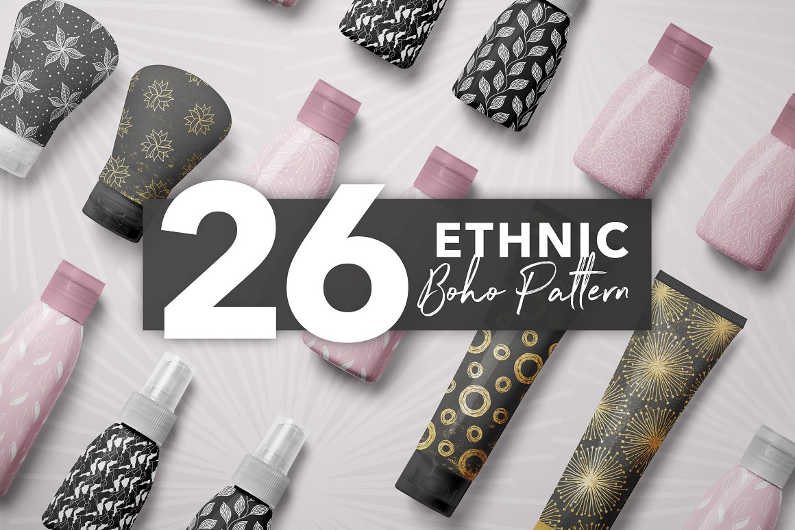 White lettering "26 Ethnic Boho Pattern" on a black background and different pink and black bottles.