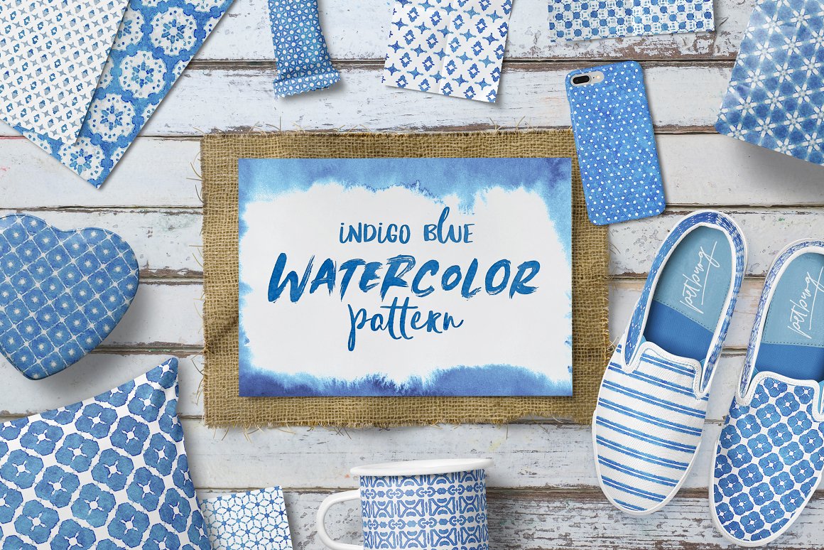 Blue lettering "Indigo Blue Watercolor Pattern" on a white-blue watercolor background and different products with this patterns.