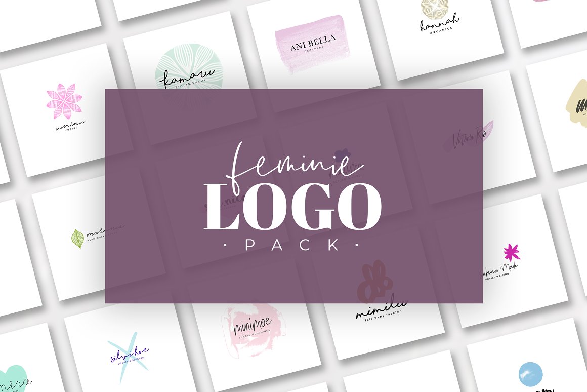 White lettering "Feminine Logo Pack" on a purple background with different logos.