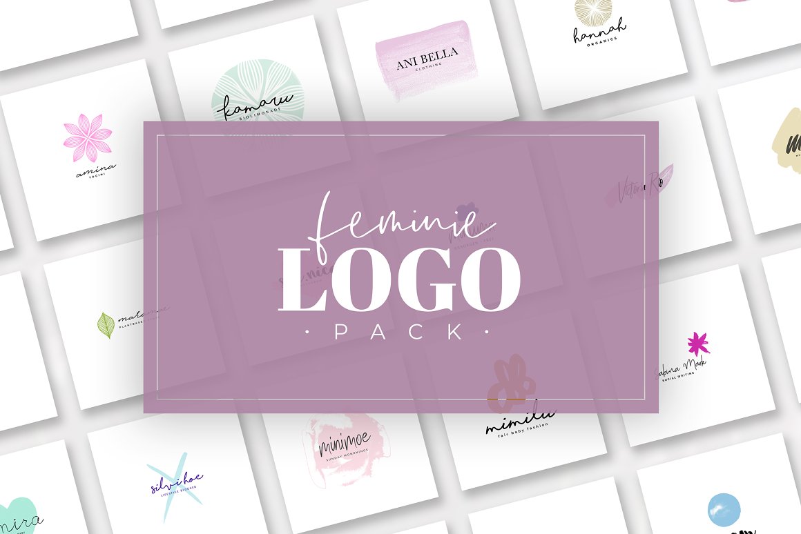 White lettering "Feminine Logos Pack" on a pink background and different logos on a white background.