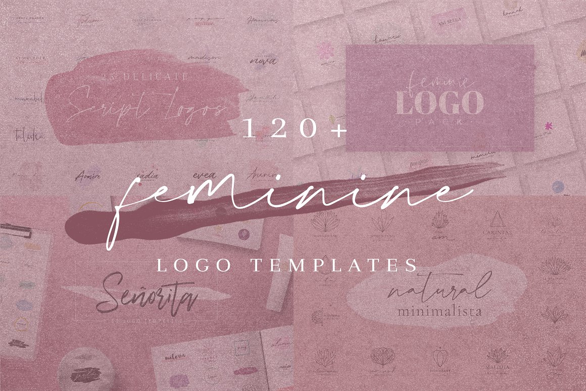 4 covers with logos and white lettering "120+ Feminine Logos Templates" on a pink background.