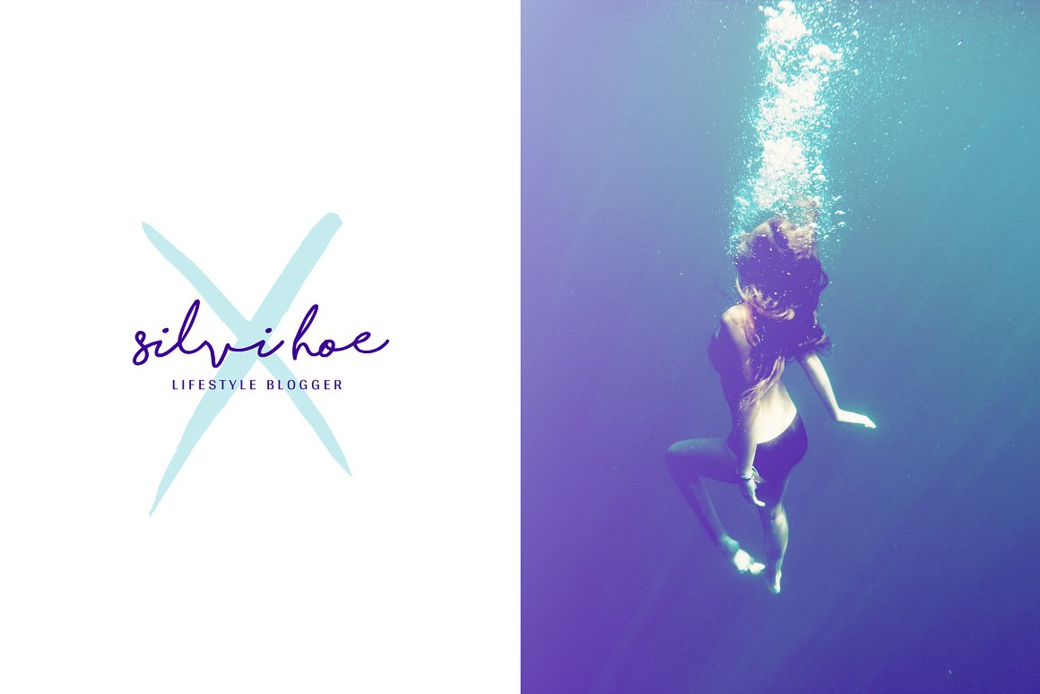 Image of a girl under water, and blue logo "silvihoe" on a white background.