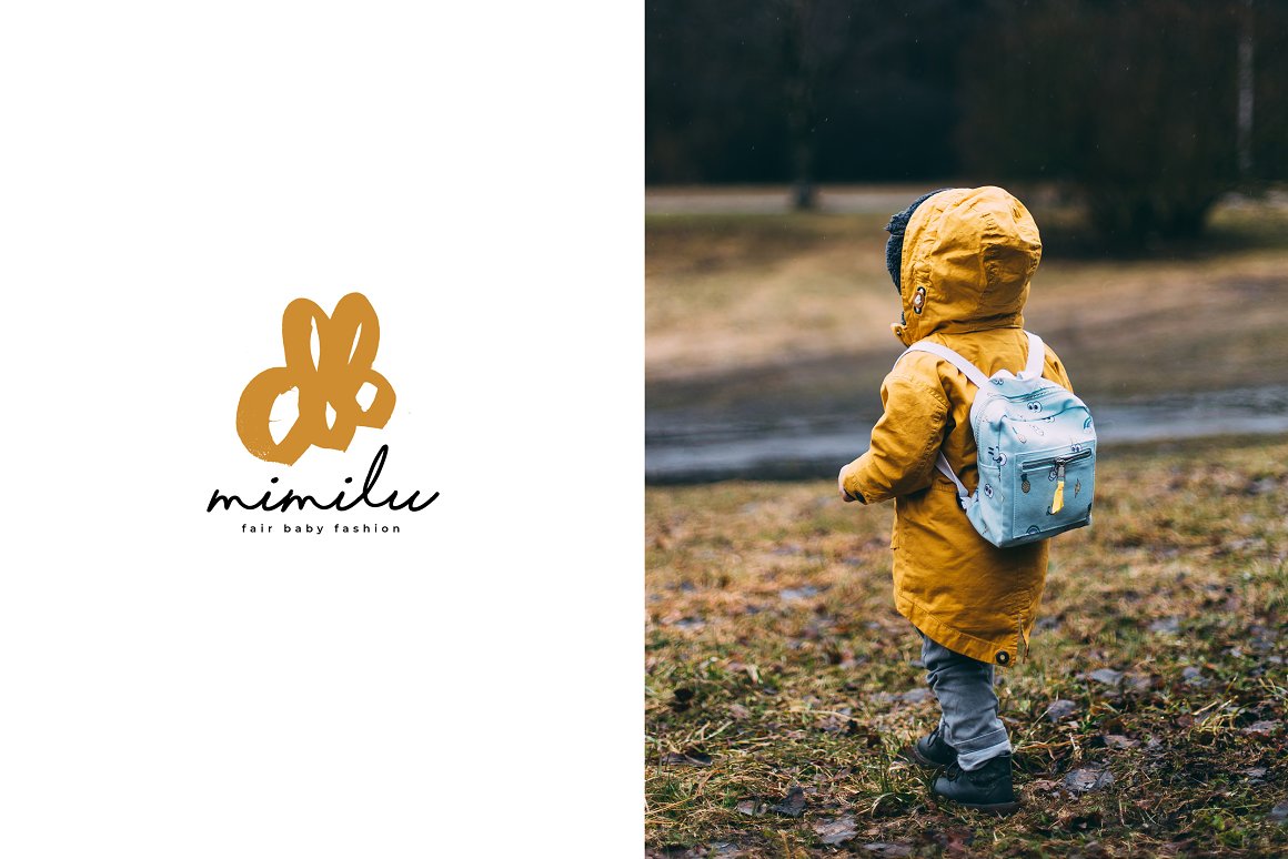 An image of a child in an orange jacket with a blue backpack, and a black and beige "mimilu" logo on a white background.