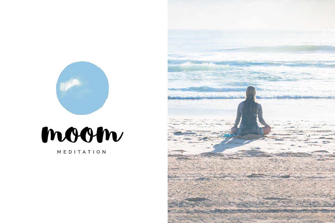 An image of a meditating girl on the beach, and a black and blue "moom" logo on a white background.