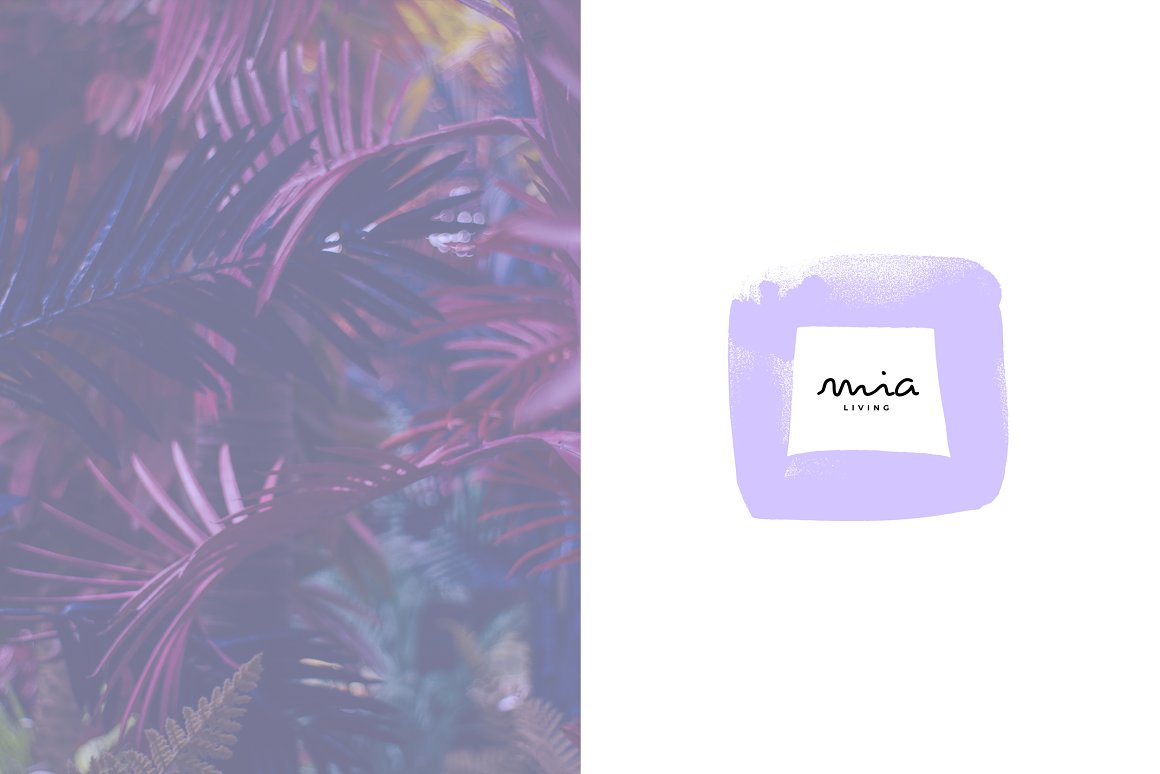 Cool neon image and logo "mia living" in lavender, black and white.