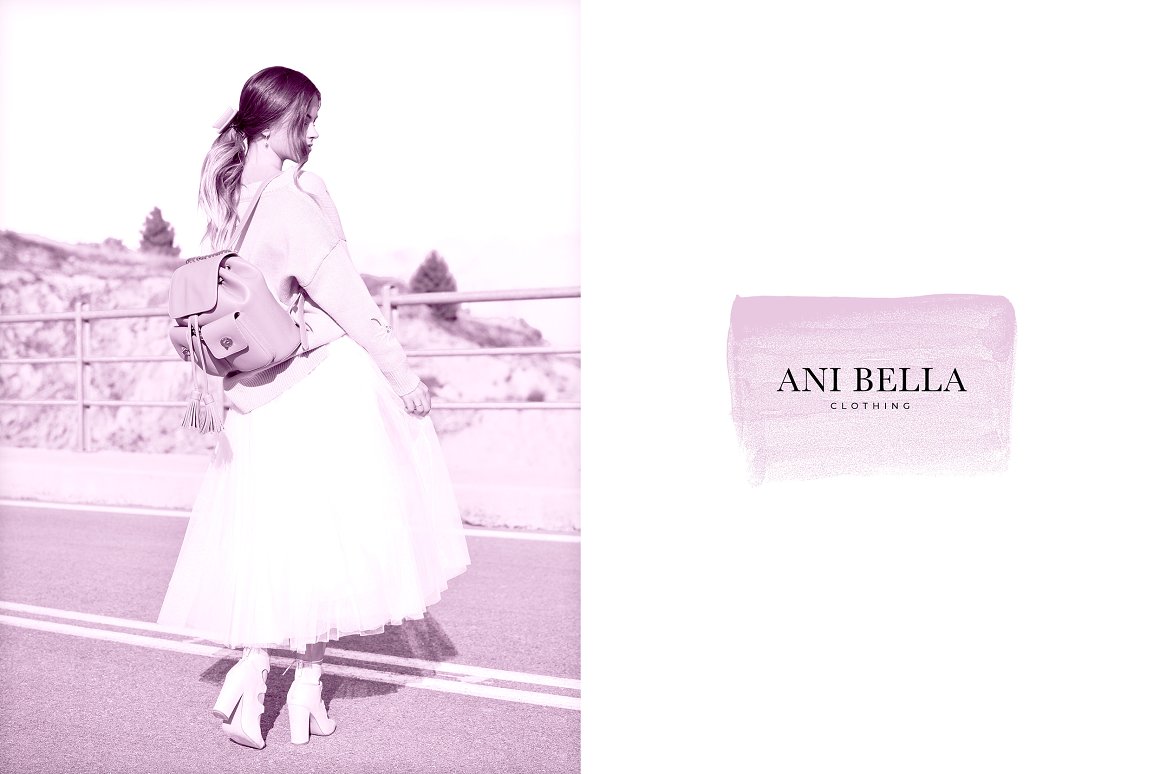 Beautiful image of a girl, and logo "ANI BELLA clothing" on a pink brush.