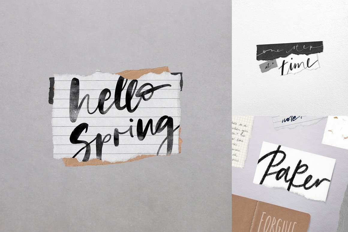 3 images with different white paper pieces and paper snippets with black lettering.