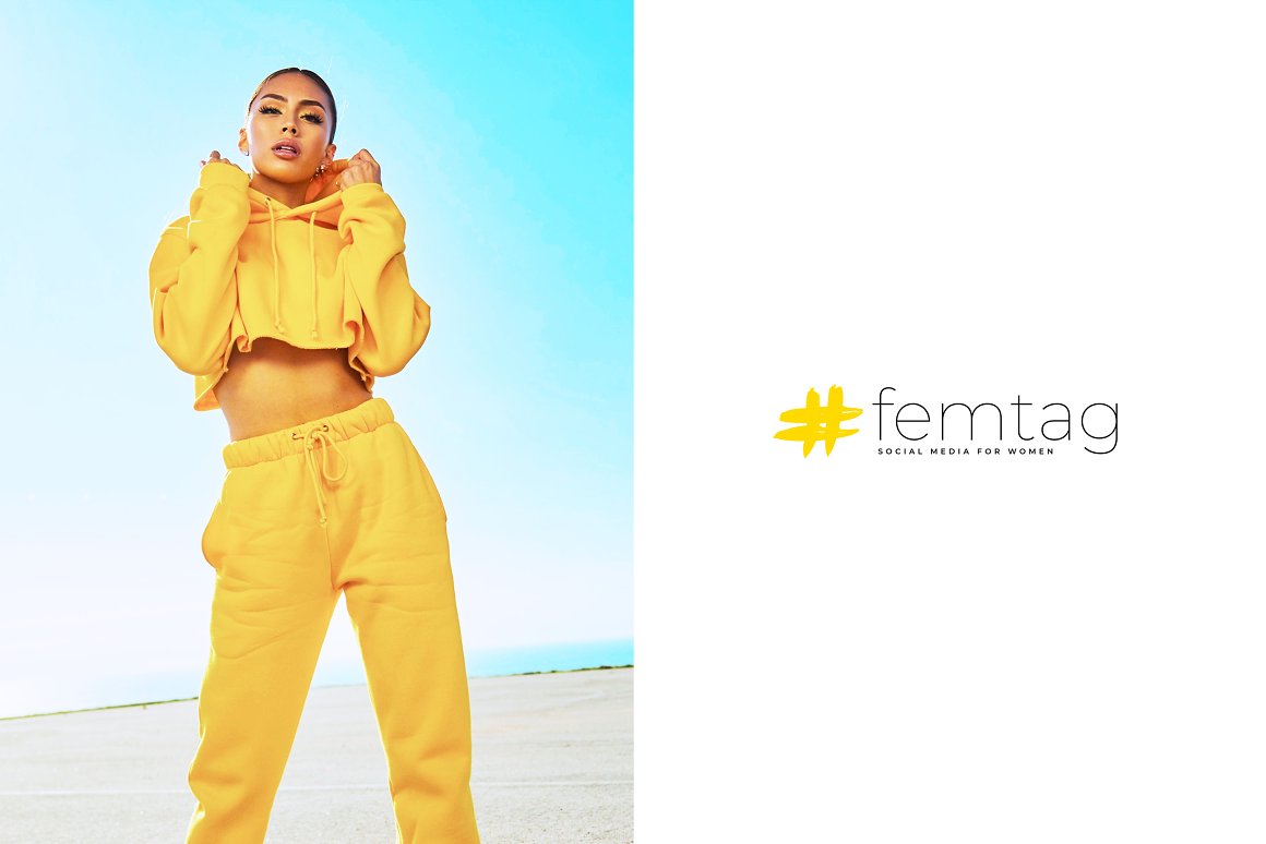 Image of a girl in yellow suit, and black logo "femtag" with yellow hashtag on a white background.