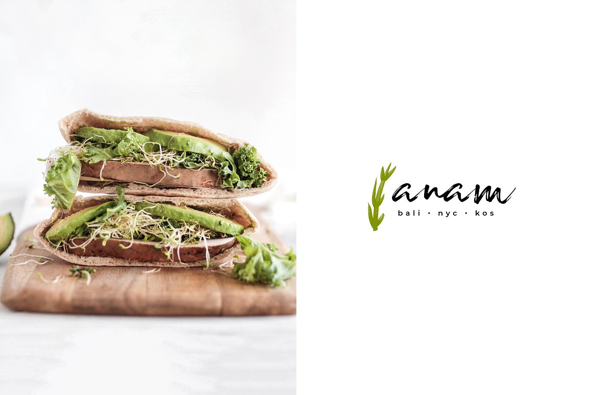 Image of sandwiches with avocado, and black-green logo "anam" on a white background.