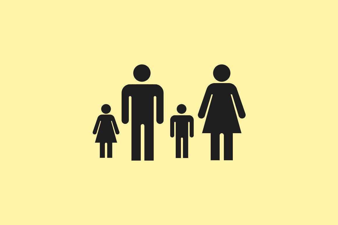 Yellow background with the family in an icon style.