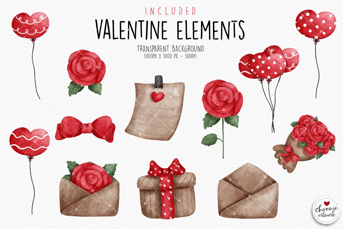 Valentine elements on transparent background are included.