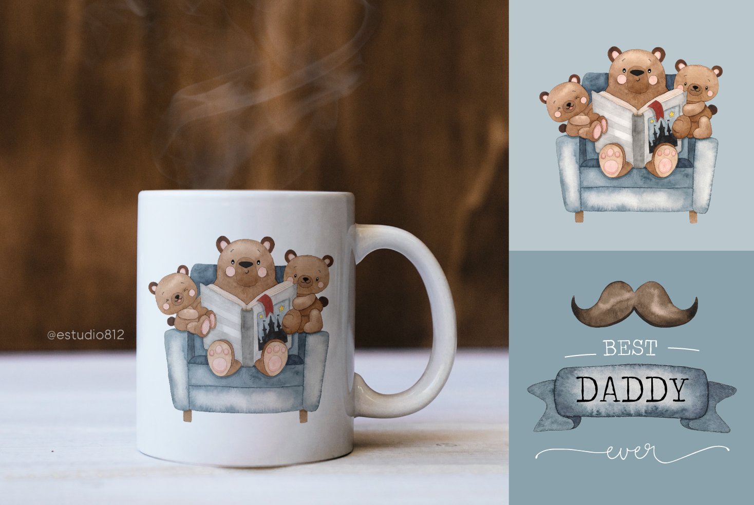 White tea cup with the Super daddy illustration.
