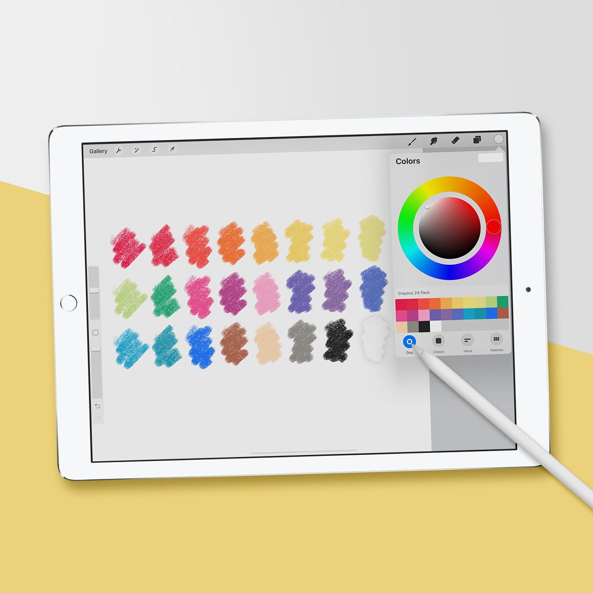 Mockup Ipad with color palette of 24 crayon brushes.