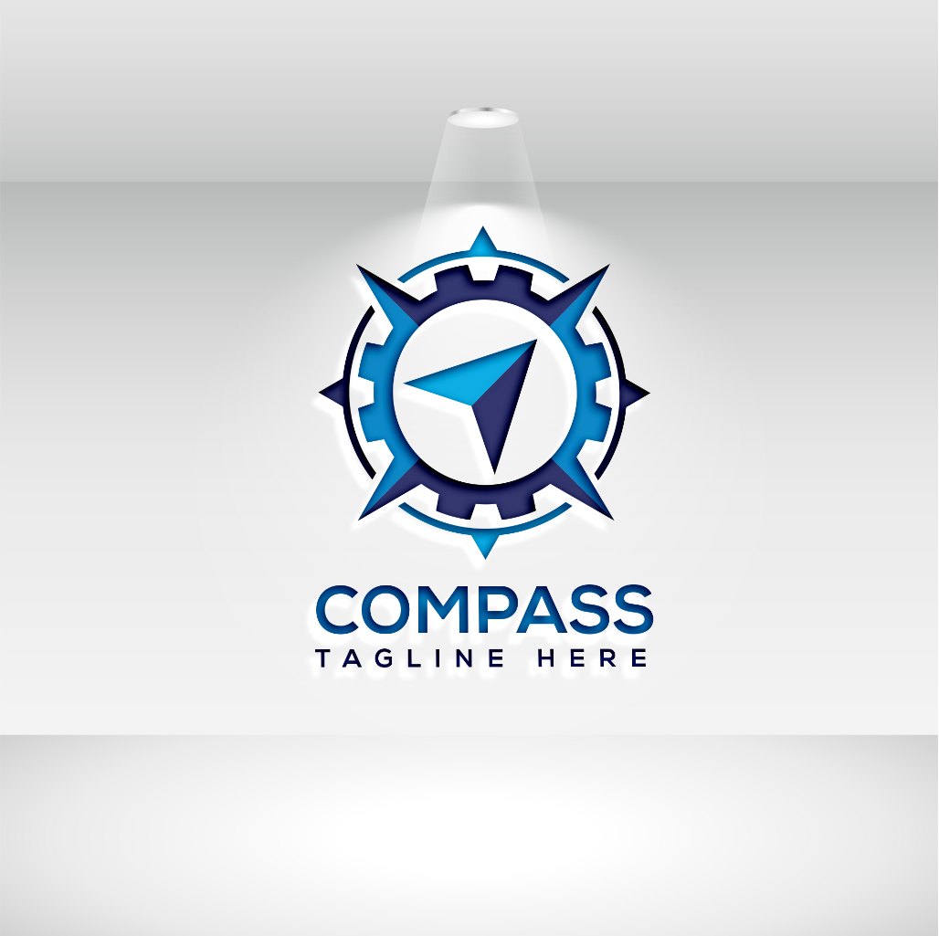 Charming image of a round logo in the form of a compass on a white background.