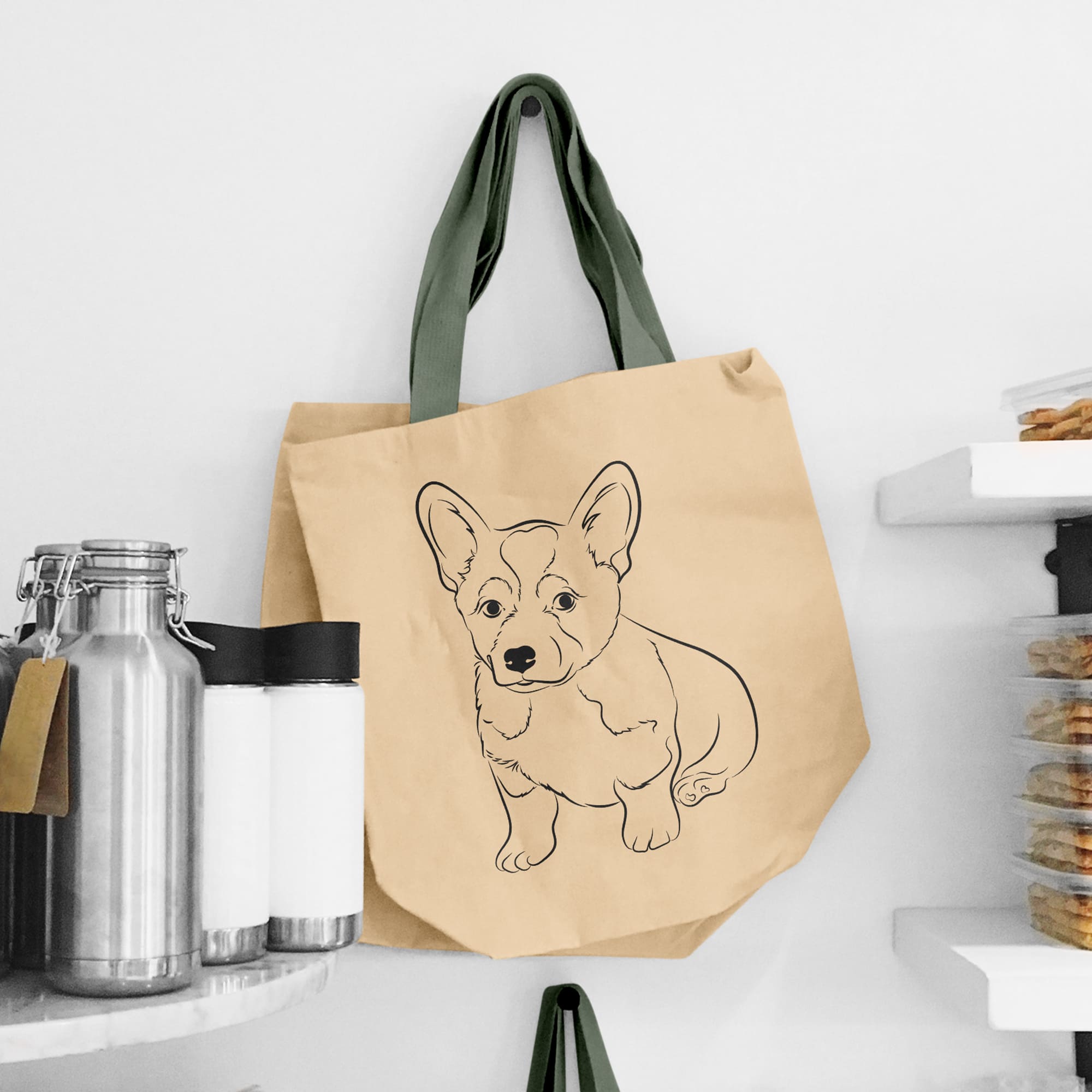 Brown bag with a picture of a dog on it.