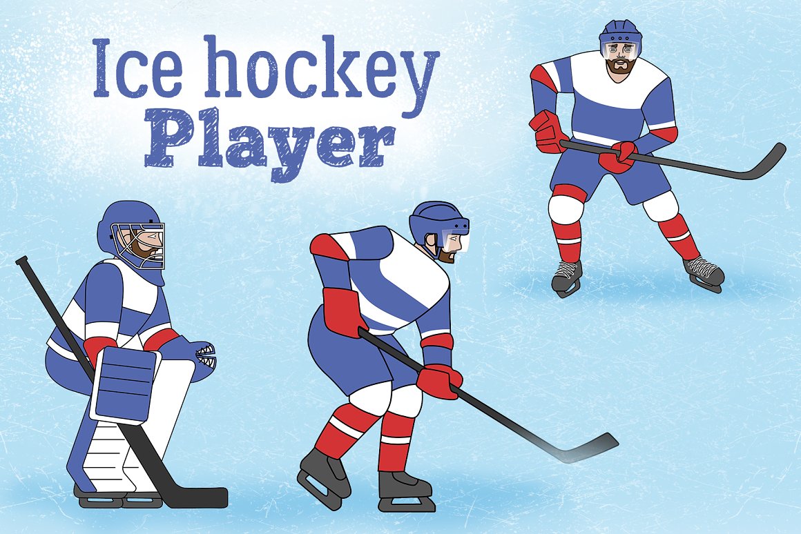 Blue lettering "Ice Hockey Player" and 3 illustrations of hockey players on a light blue background.
