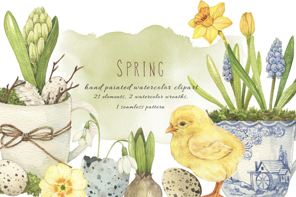 Black lettering "Spring" on a green watercolor background and different illustrations of eggs, chicken and flowers on a white background.