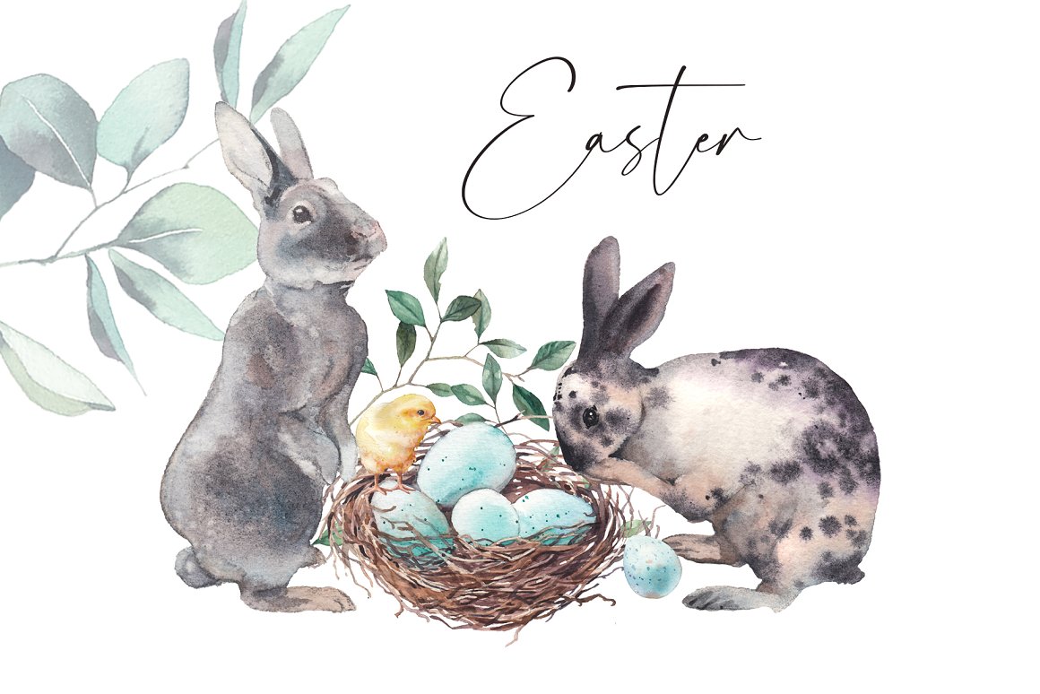Black lettering "Easter" and illustration of easter rabbits with eggs on a white background.