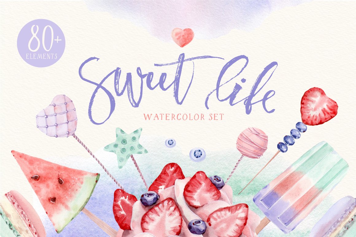 Purple and pink lettering "Sweet Life Watercolor Set" on a watercolor background with different illustrations of sweetes.