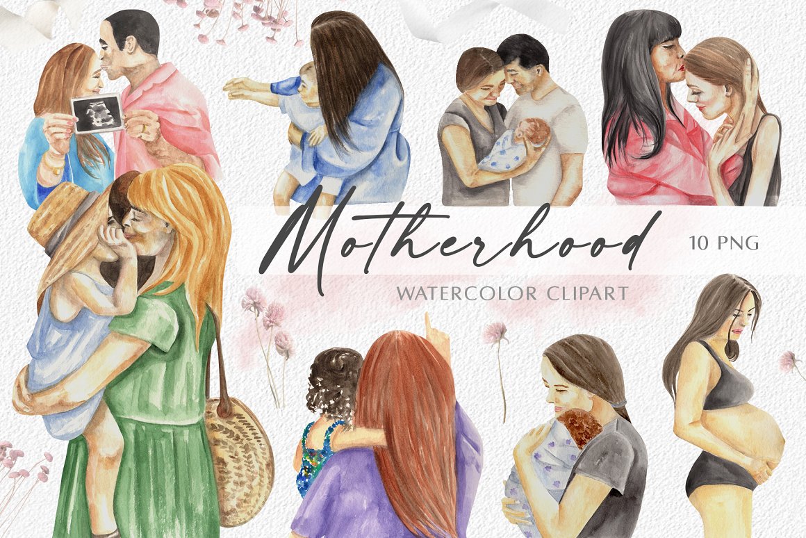 Black lettering "Motherhood" and different watercolor illustrations.
