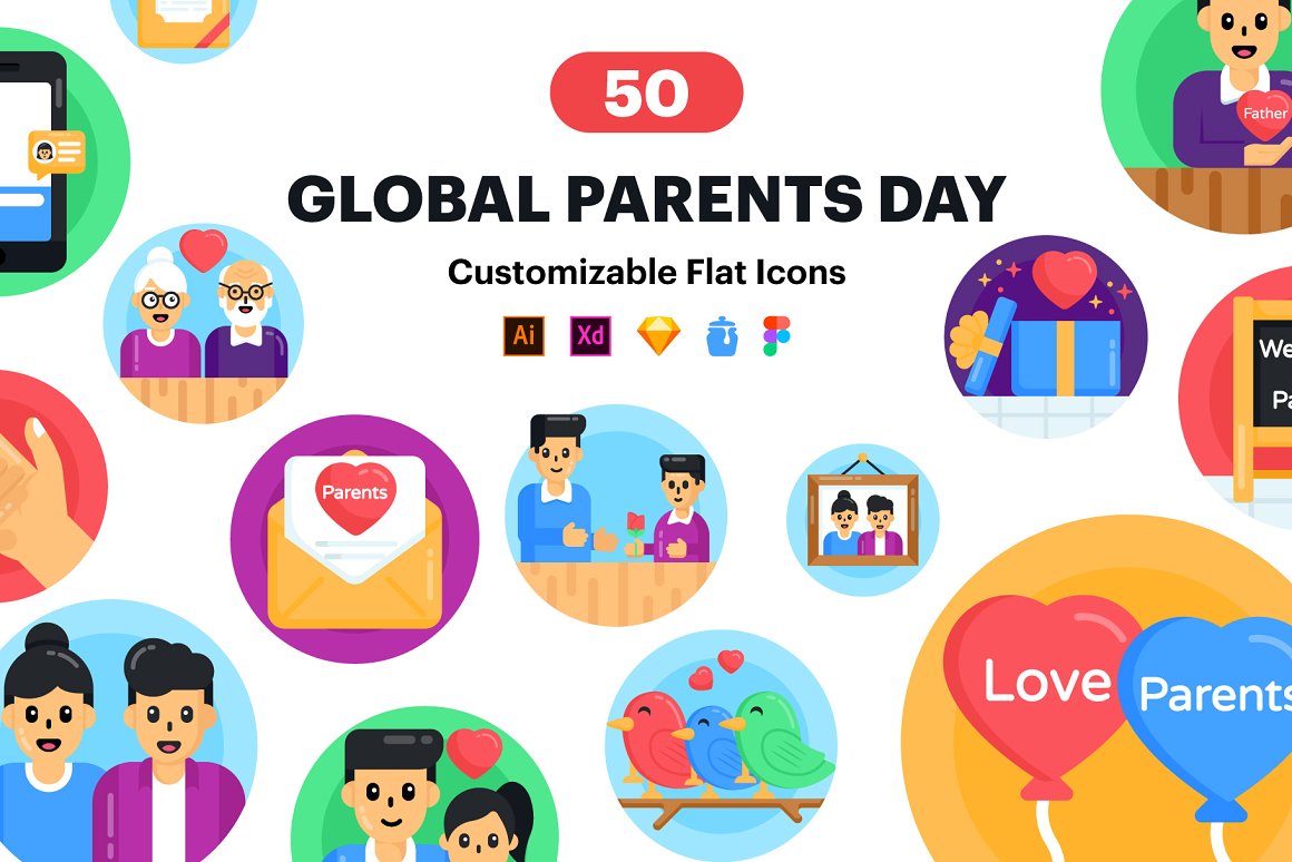 Black lettering "50 Global Parents Day Customizable Flat Icons" and different colorful icons.