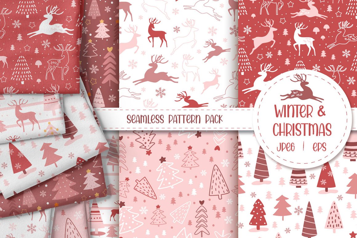 Red lettering "Winter & Christmas" on a white label with a reindeer and 6 different christmas patterns.