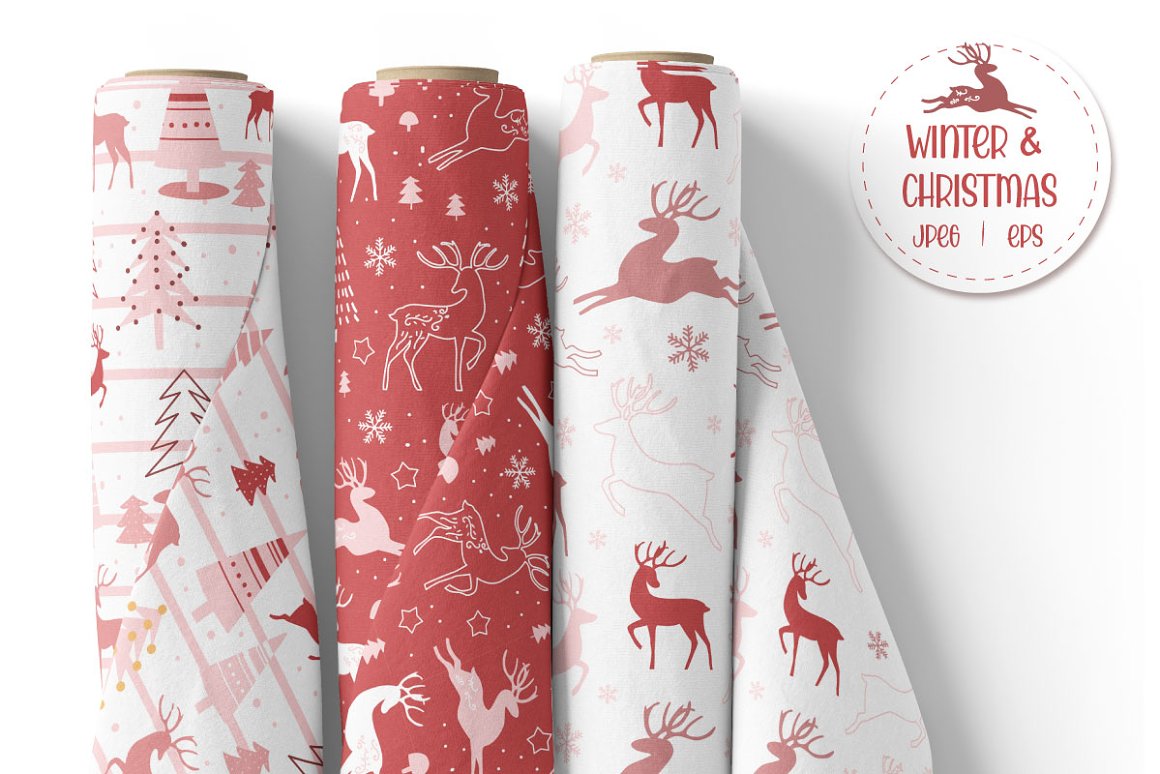 Red lettering "Winter & Christmas" on a white label with a reindeer and 3 different christmas rolls with patterns.