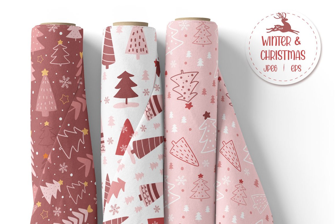 Red lettering "Winter & Christmas" on a white label with a reindeer and 3 different christmas rolls with patterns.