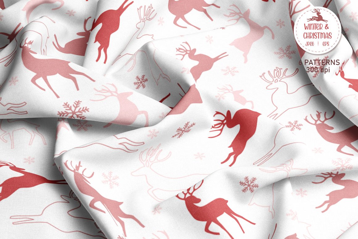 Red lettering "Winter & Christmas" on a white label with a reindeer and textile with white-red christmas pattern.