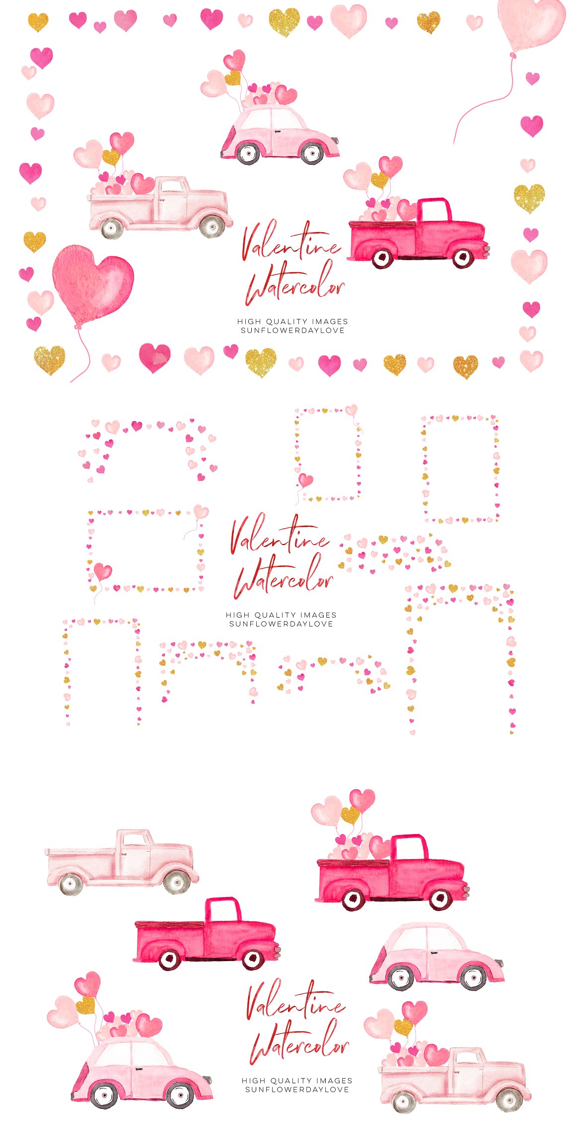 3 covers - pink lettering "Valentine Watercolor" and different frames of hearts, and pink cars with heart balloons on a white background.