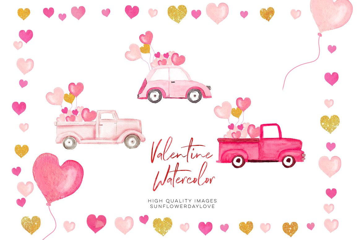 Pink lettering "Valentine Watercolor" and pink cars with heart balloons on a white background.