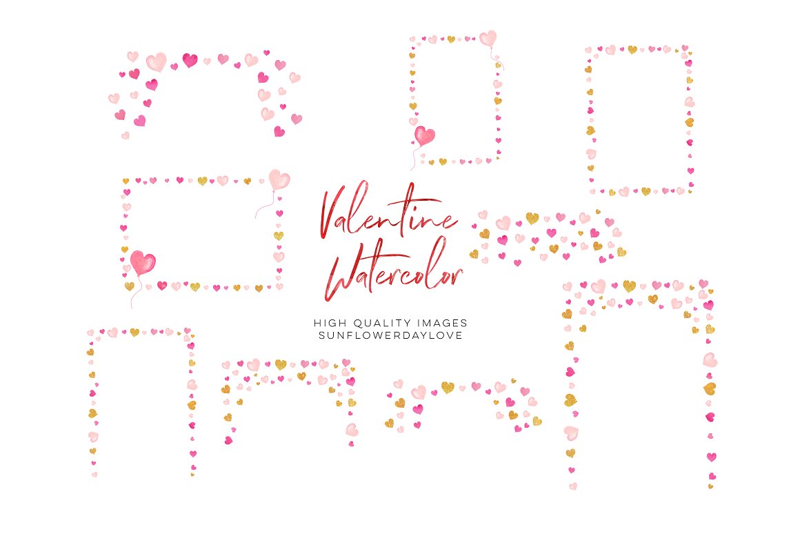 Pink lettering "Valentine Watercolor" and different frames of hearts on a white background.