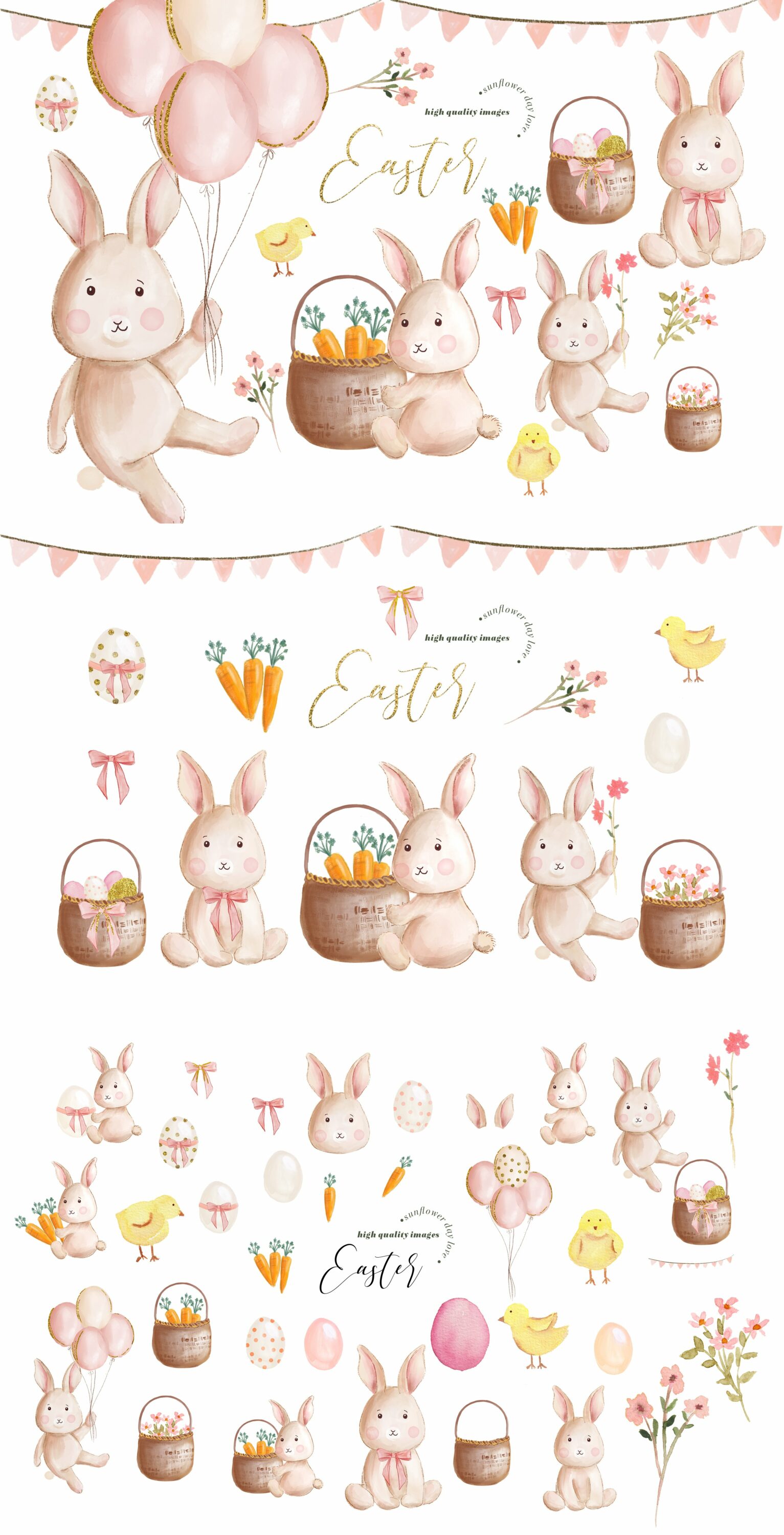 Calm pastel Easter bunnies with the different elements.