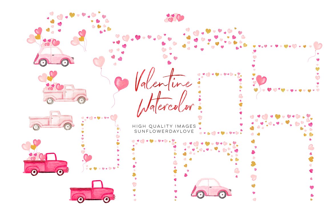 Pink lettering "Valentine Watercolor" and different frames of hearts, and pink cars with heart balloons on a white background.
