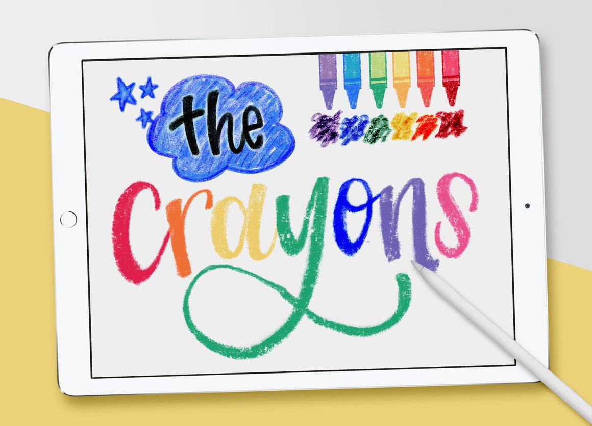 Ipad mockup with "The Crayons" in multicolored crayons.