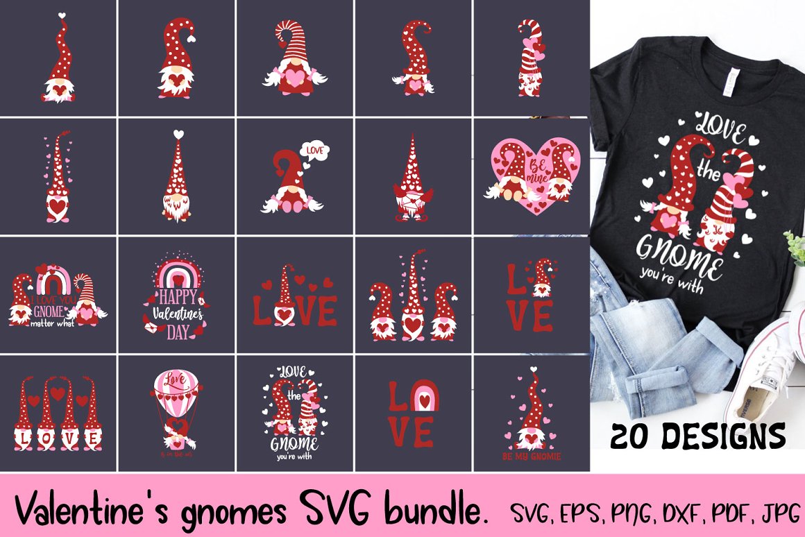 Black lettering "Valentine's Gnomes Svg Bundle" and a set of 20 different illustrations of a valentine's gnome.