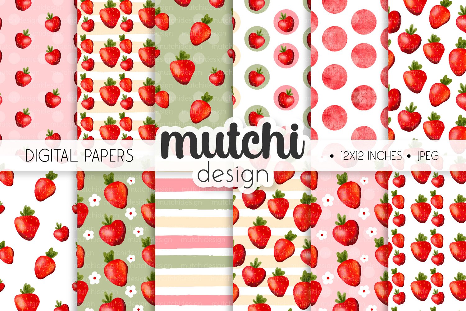 Cover image of Watercolor Strawberry Digital Papers.