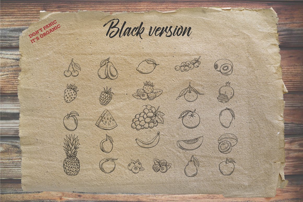 Black lettering "Black version" and black retro illustrations of fruits and berries on a beige background.