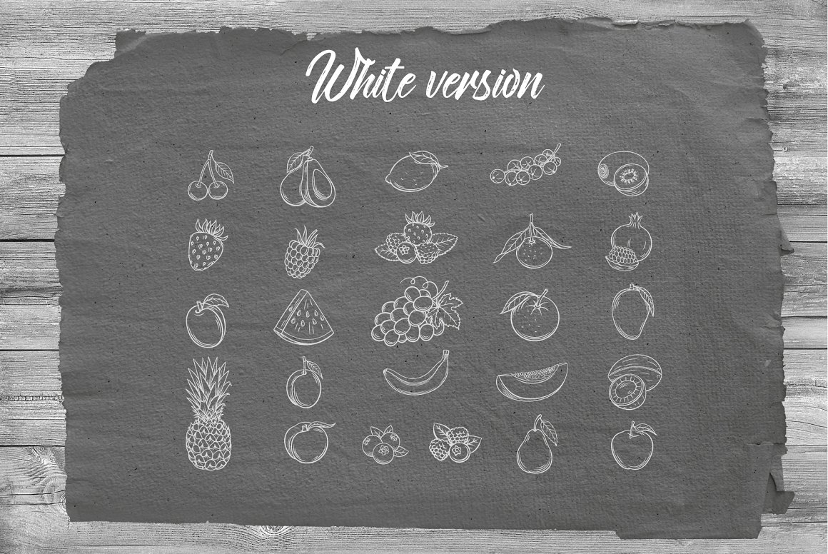 White lettering "White version" and white retro illustrations of fruits and berries on a gray background.