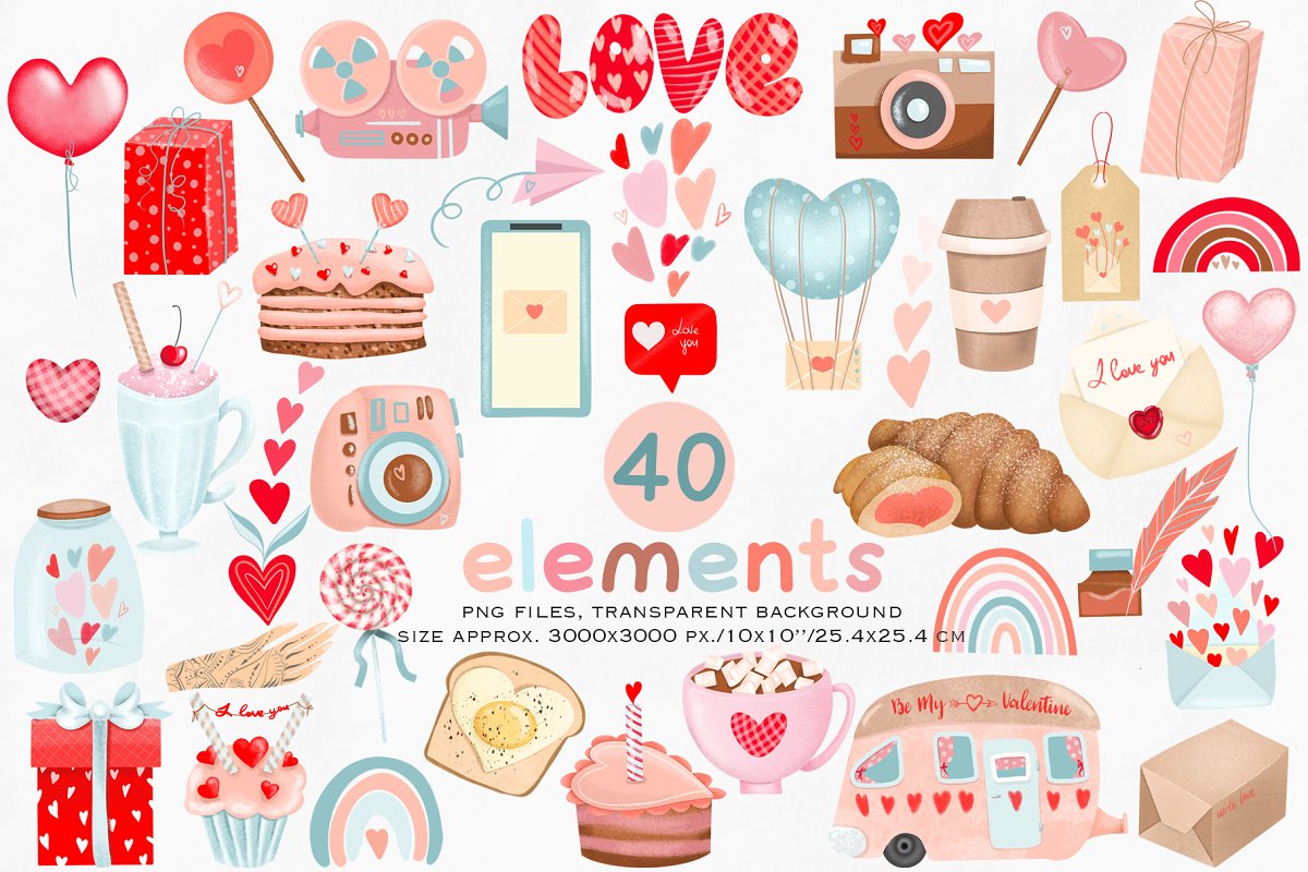You will get 40 graphic elements for valentine projects.