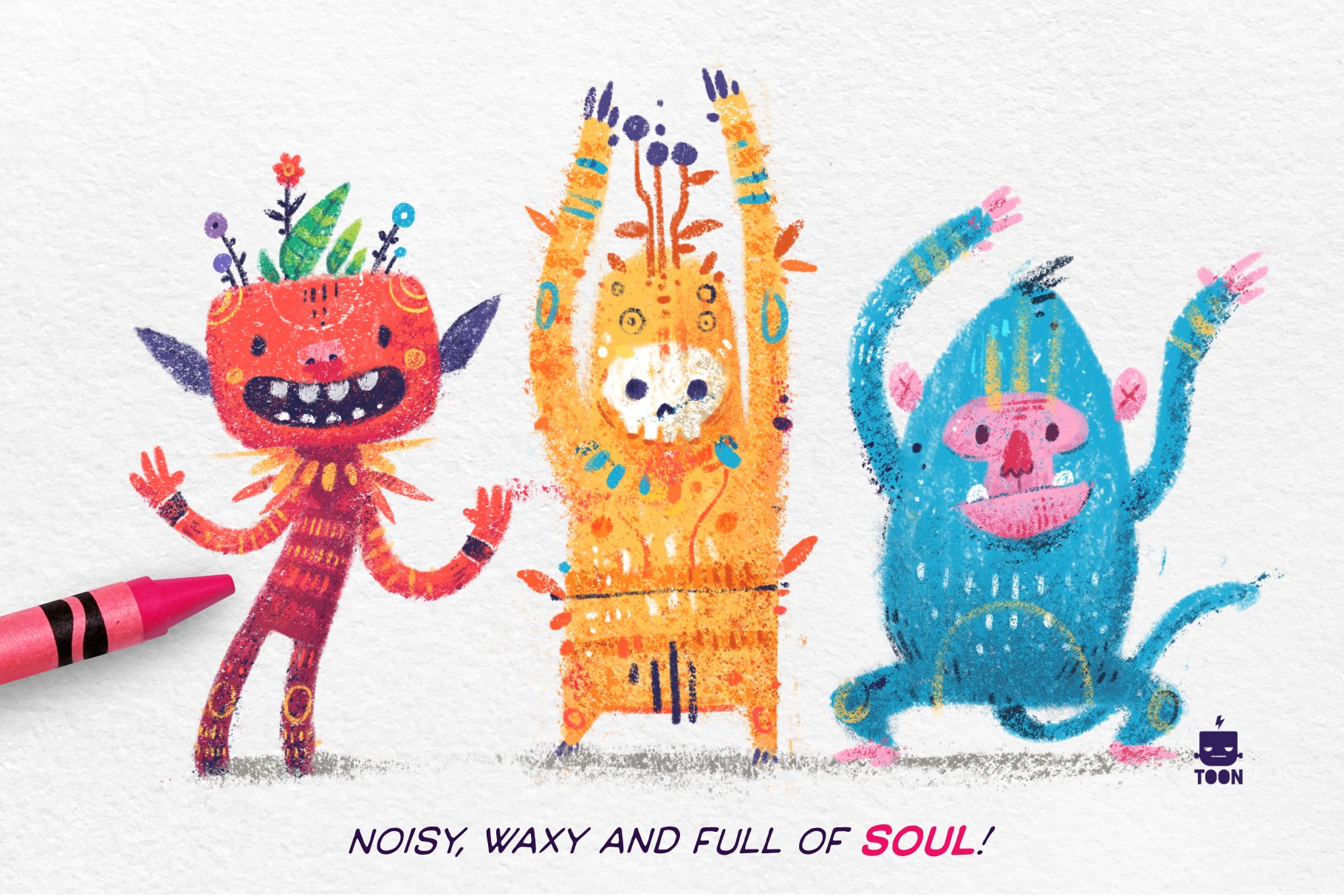 So funny and multicolor monsters by crayon.