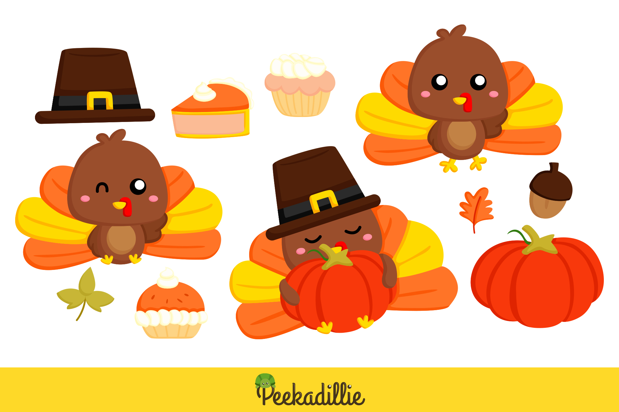 Set of high quality hand drawn Kawaii Thanksgiving clipart