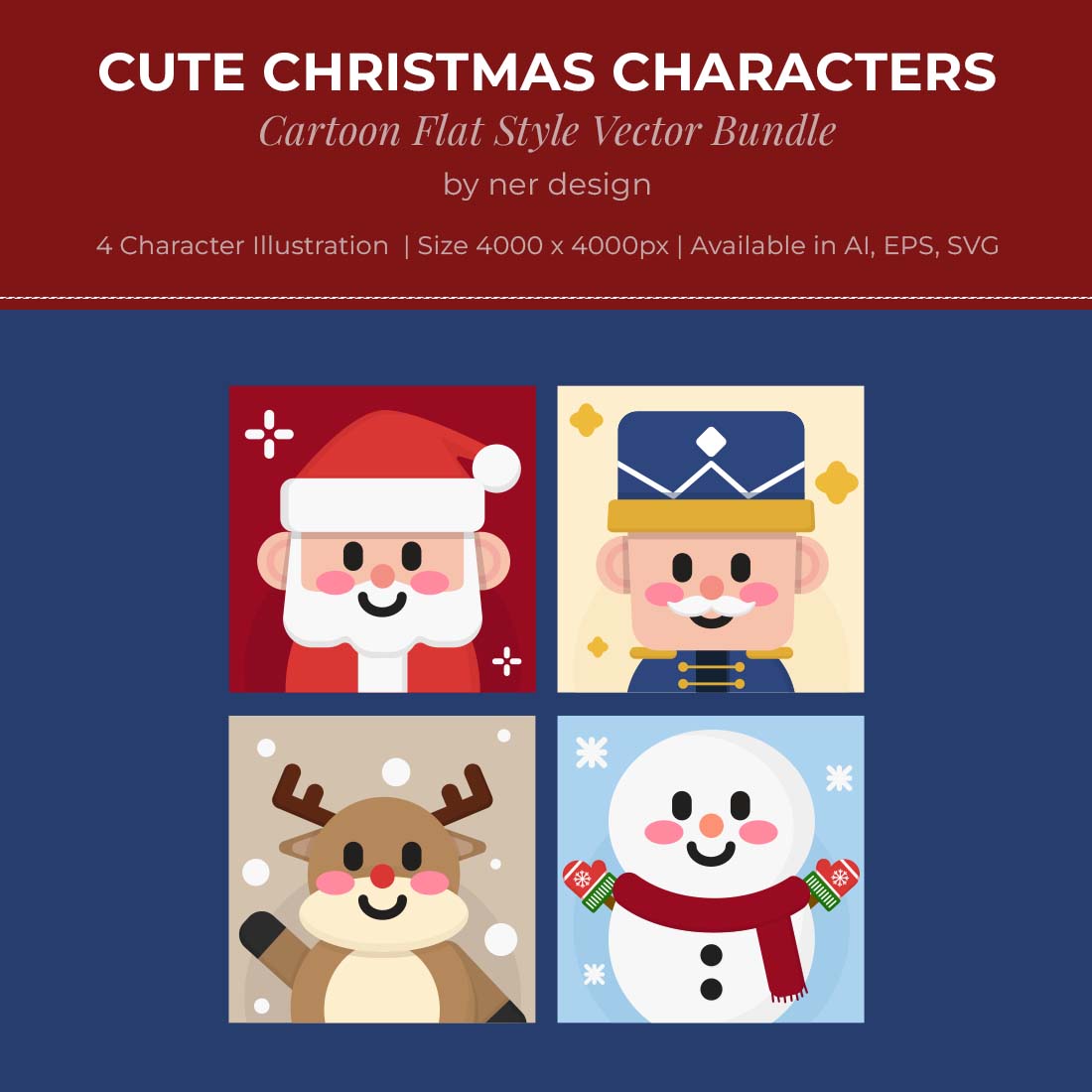 Cute Christmas Characters Cartoon Flat Style Design cover image.