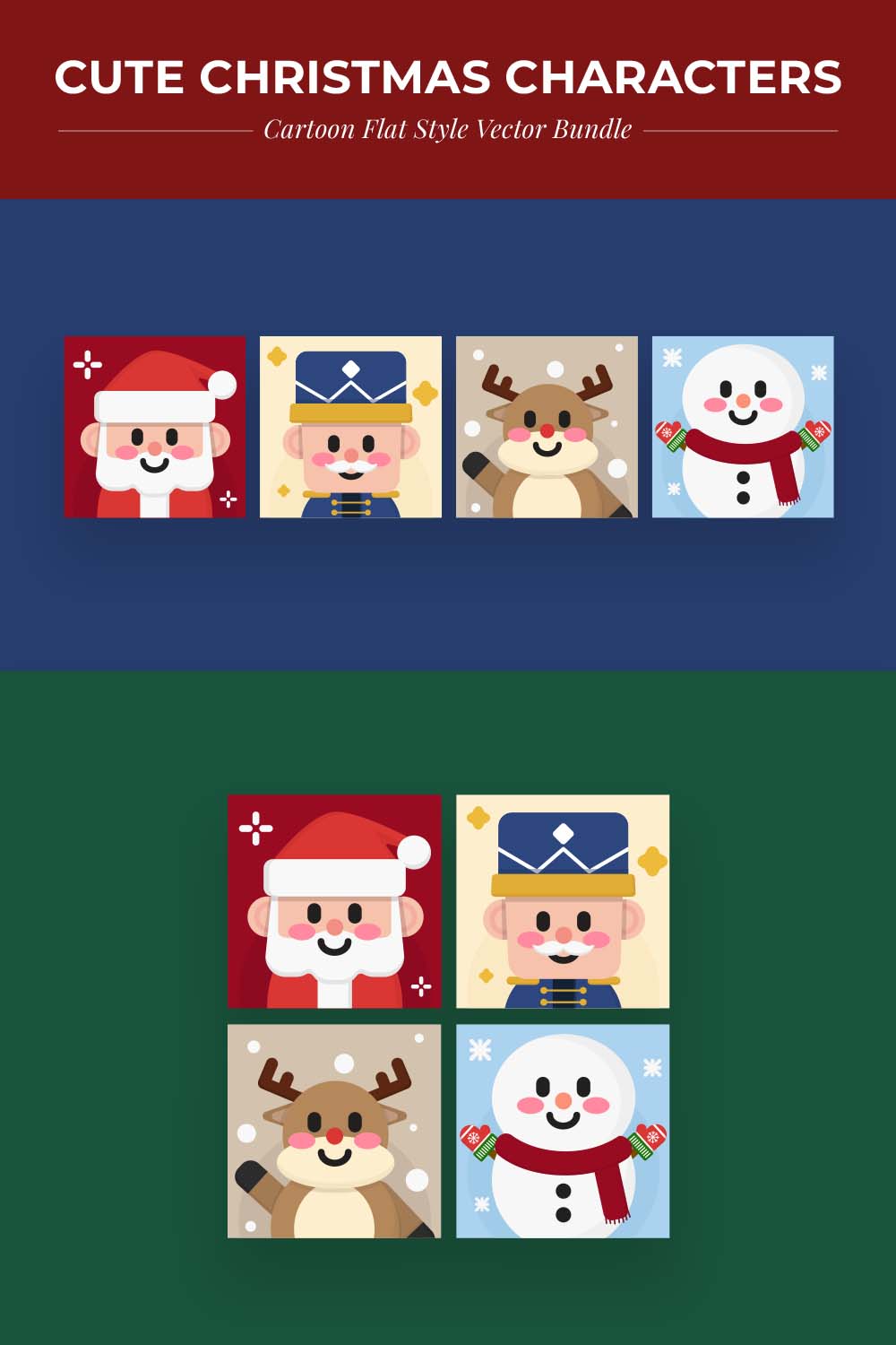 Cute Christmas Characters Cartoon Flat Style Design pinterest image.