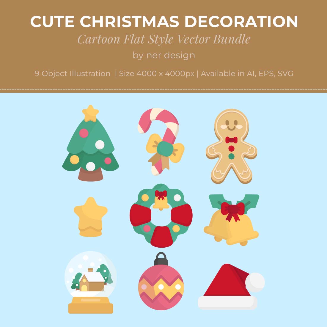 Cute Christmas Decoration Cartoon Flat Style Vector - MasterBundles