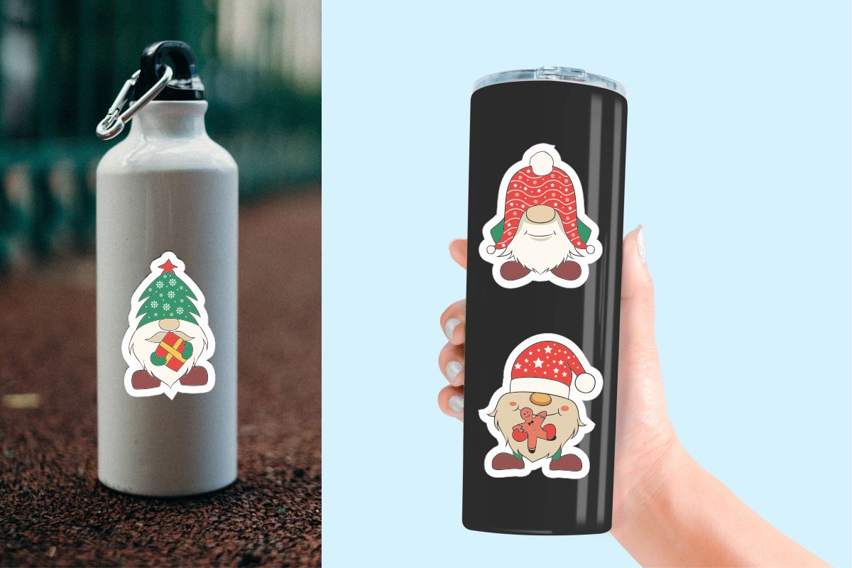 Image of bottles with colorful santa gnome stickers.