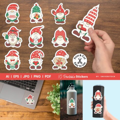 A set of exquisite stickers with the image of Christmas gnomes.