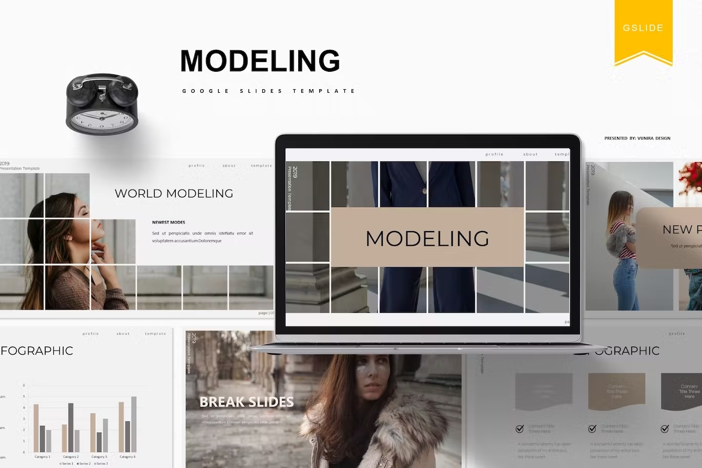 Black lettering "Modeling Google Slides Template" and different slides and mockup macbook.