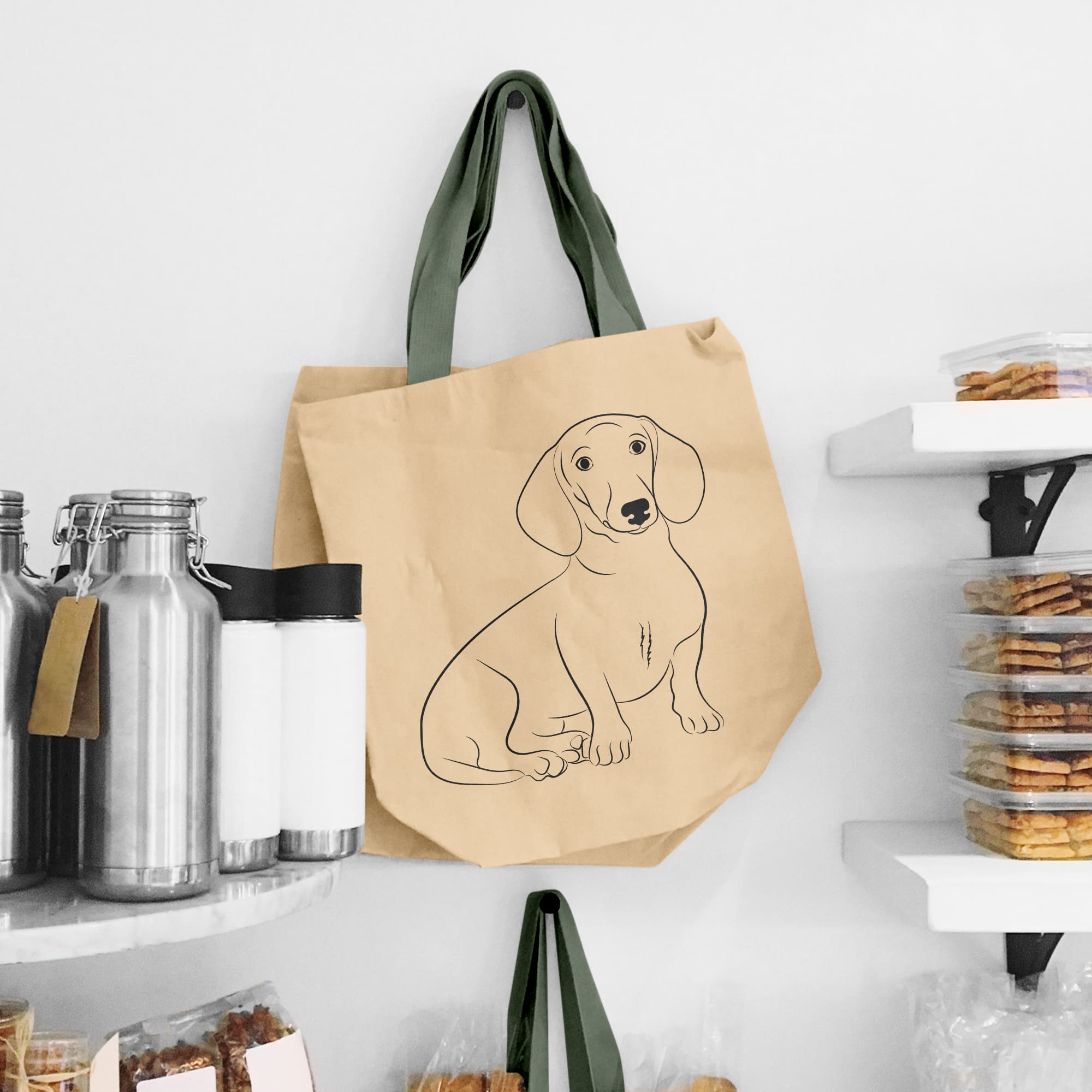 Brown paper bag with a picture of a dog on it.