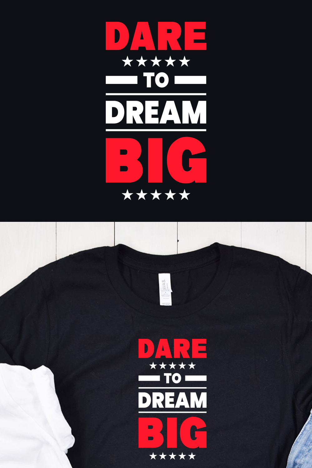 Image of a black T-shirt with a beautiful inscription "dare to dream big" in red and white colors.